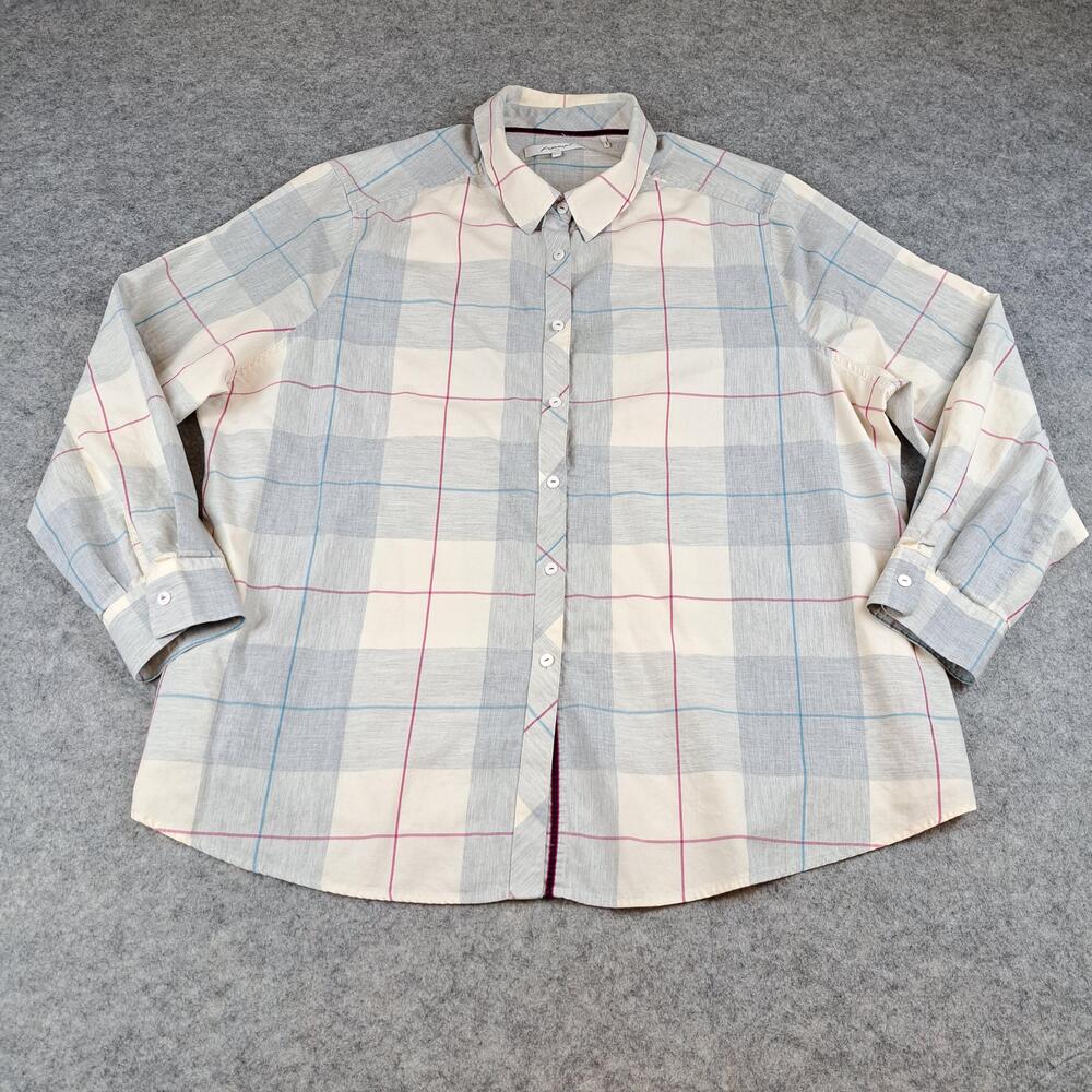 Foxcroft Shirt Womens 22W Cream Gray Plaid Button Long Sleeve Cotton Career